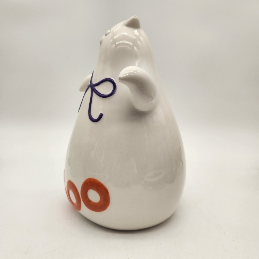 White Ceramic Whimsical Halloween Ghost Figurine Orange "BOO" Purple Bow Decor - Picture 5 of 11